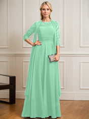 A-line Scoop Illusion Floor-Length Lace Chiffon Mother of the Bride Dress With Pleated