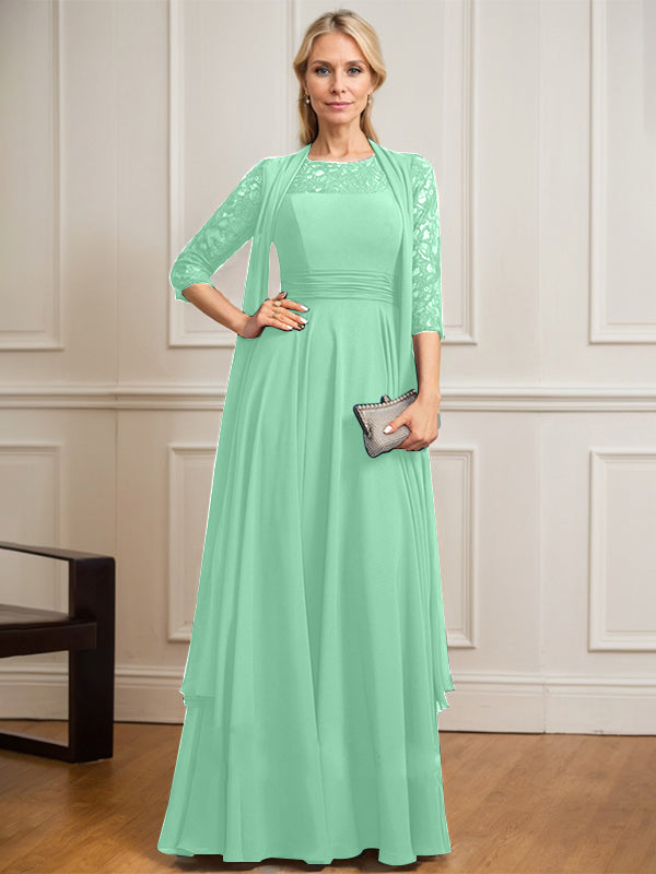 A-line Scoop Illusion Floor-Length Lace Chiffon Mother of the Bride Dress With Pleated