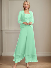 Separates Jumpsuit/Pantsuit Square Ankle-Length Lace Chiffon Mother of the Bride Dress With Sequins