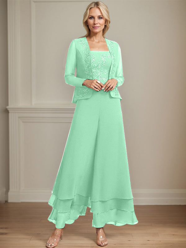 Robe de mère de la mariée en mousseline de soie, longueur cheville, avec sequins, combinaison/tailleur carré 