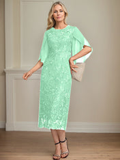 Sheath/Column Scoop Tea-Length Lace Chiffon Mother of the Bride Dress