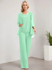 Separates Jumpsuit/Pantsuit Scoop Floor-Length Lace Chiffon Mother of the Bride Dress With Sequins