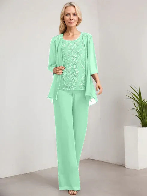 Pantsuit Scoop Floor-Length Lace Chiffon Mother of the Bride Dress With Sequins