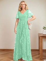 A-Line V-Neck Asymmetrical Lace Mother of the Bride Dress With Cascading Ruffles