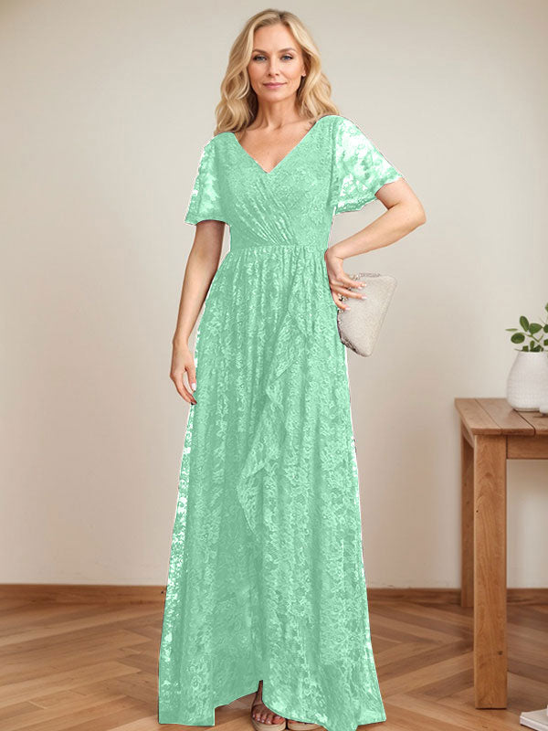A-Line V-Neck Asymmetrical Lace Mother of the Bride Dress With Cascading Ruffles