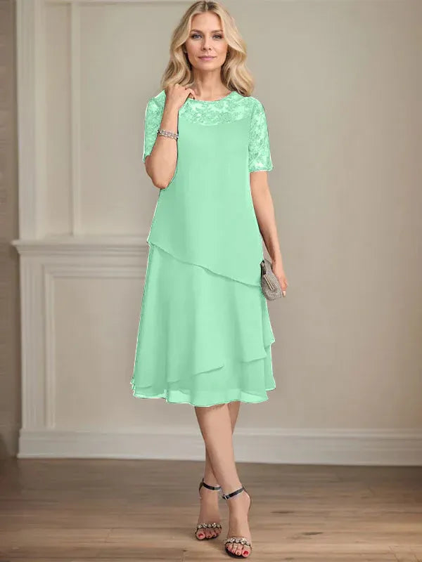 A-line Scoop Illusion Knee-Length Lace Chiffon Mother of the Bride Dress With Sequins