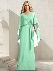 A-line V-Neck Floor-Length Chiffon Mother of the Bride Dress With Cascading Ruffles Beading