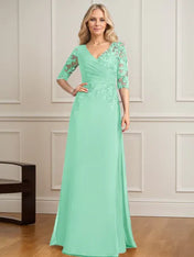 A-line V-Neck Floor-Length Lace Chiffon Mother of the Bride Dress With Pleated Sequins