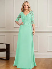 Robe de mère de la mariée trapèze, col en V, longueur au sol, en mousseline de soie et dentelle, avec sequins plissés 
