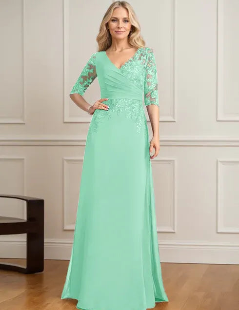 Robe de mère de la mariée trapèze, col en V, longueur au sol, en mousseline de soie et dentelle, avec sequins plissés 