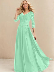 A-line V-Neck Floor-Length Lace Chiffon Mother of the Bride Dress With Sequins