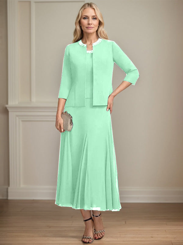 Separates A-line Scoop Tea-Length Chiffon Mother of the Bride Dress With Sequins Beading