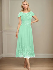 A-line Illusion Scoop Tea-Length Lace Chiffon Mother of the Bride Dress With Sequins