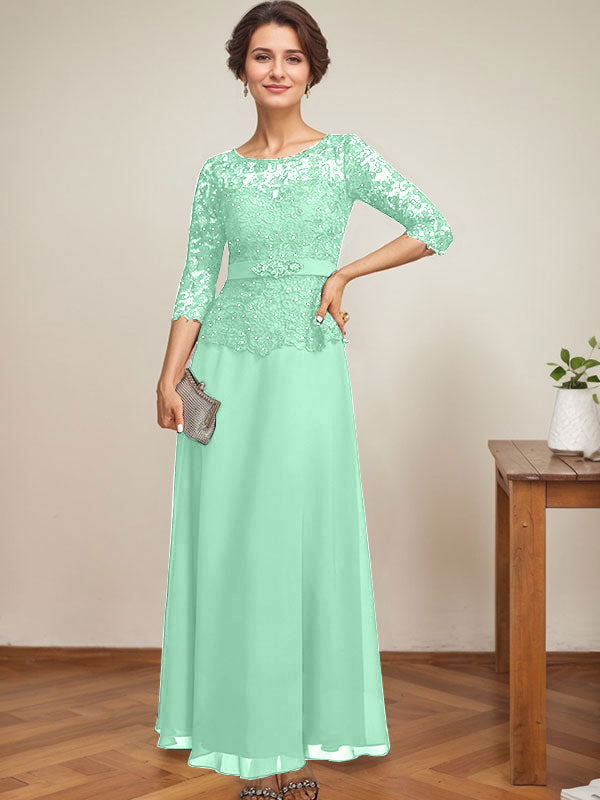 A-line Scoop Illusion Ankle-Length Chiffon Lace Mother of the Bride Dress With Rhinestone Beading