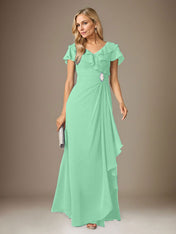 Stormy A-Line V-Neck Ruched Chiffon Dress