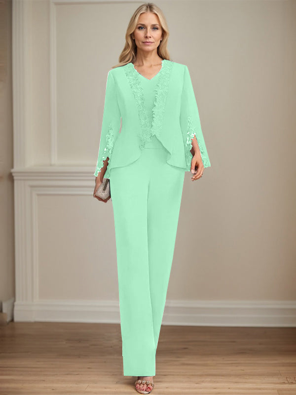 Separates Jumpsuit/Pantsuit V-Neck Floor-Length Chiffon Mother of the Bride Dress
