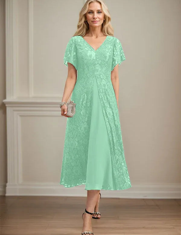 A-line V-Neck Tea-Length Lace Chiffon Mother of the Bride Dress