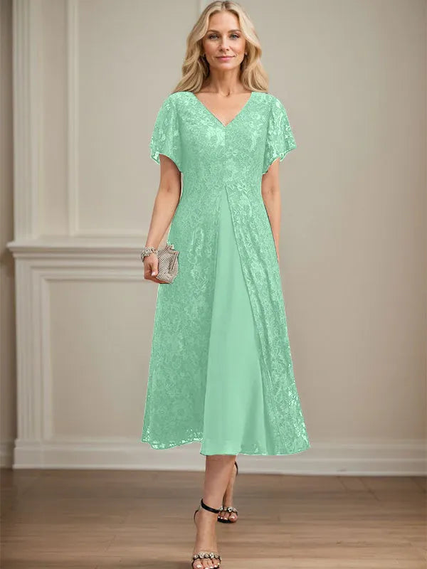 Robe de mère de la mariée en mousseline de soie, coupe trapèze, col en V et longueur thé 