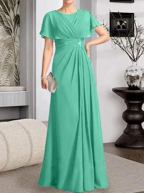A-line Scoop Floor-Length Chiffon Mother of the Bride Dress With Pleated Beading