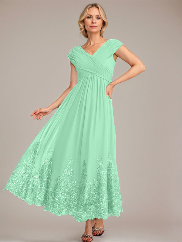 A-line V-Neck Ankle-Length Chiffon Mother of the Bride Dress With Applique Sequins