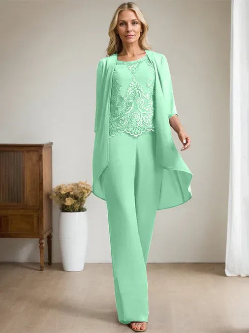Pantsuit Scoop Floor-Length Chiffon Lace Mother of the Bride Dress With Beading Sequins