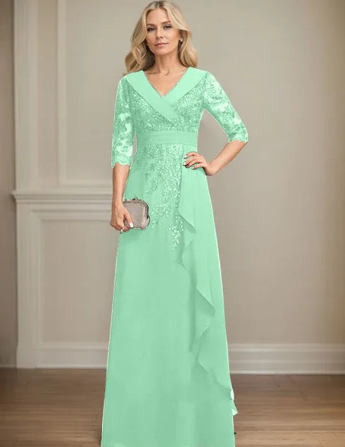Robe de mère de la mariée trapèze, col en V, longueur au sol, en mousseline de soie et dentelle, avec volants en cascade et paillettes 