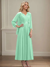 A-line V-Neck Ankle-Length Chiffon Mother of the Bride Dress With Sequins Appliques Lace Beading