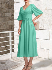 A-line V-Neck Tea-Length Lace Chiffon Mother of the Bride Dress With Pleated