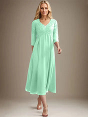 A-line V-Neck Tea-Length Chiffon Lace Mother of the Bride Dress With Beading
