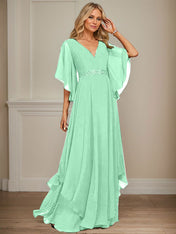 A-line V-Neck Floor-Length Chiffon Mother of the Bride Dress With Sequins Appliques Lace Beading
