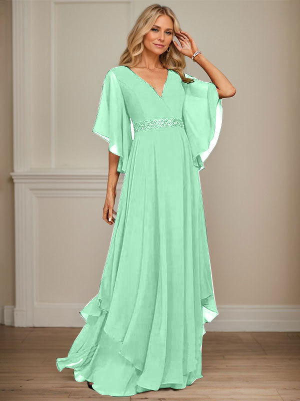 A-line V-Neck Floor-Length Chiffon Mother of the Bride Dress With Sequins Appliques Lace Beading