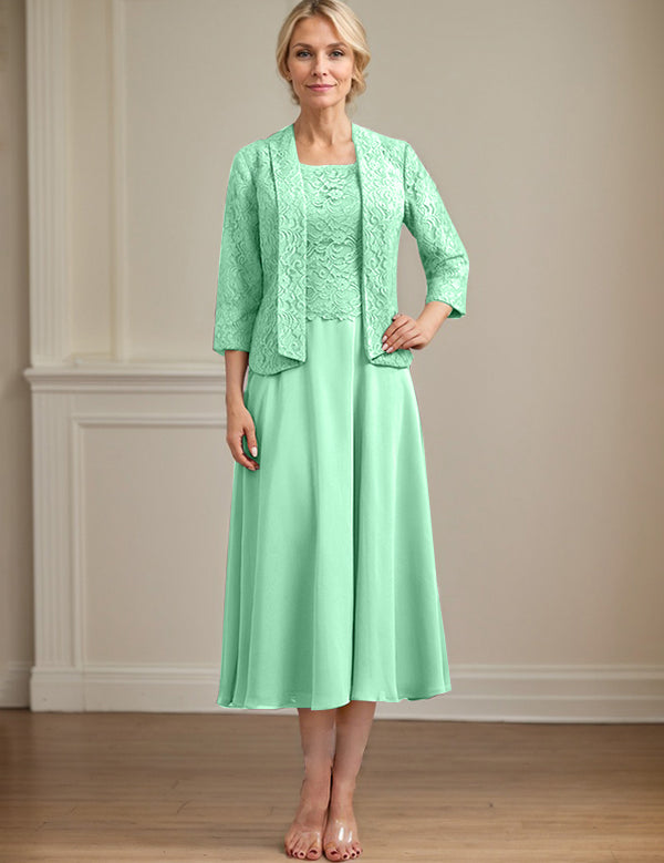 A-line Scoop Tea-Length Lace Chiffon Mother of the Bride Dress