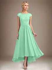 A-line Scoop Illusion Asymmetrical Lace Chiffon Mother of the Bride Dress With Pleated