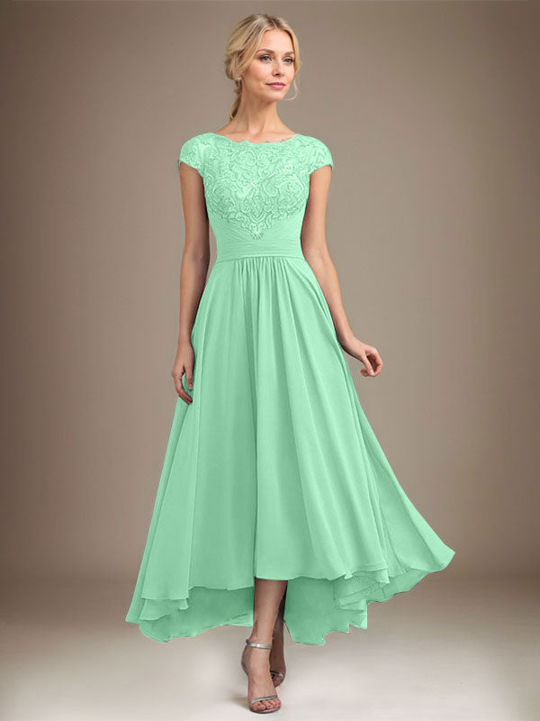 A-line Scoop Illusion Asymmetrical Lace Chiffon Mother of the Bride Dress With Pleated