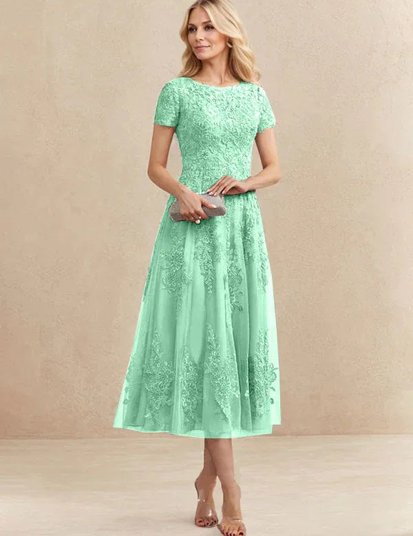 A-line Scoop Tea-Length Tulle Lace Mother of the Bride Dress