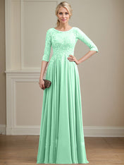 A-line Scoop Illusion Floor-Length Lace Chiffon Mother of the Bride Dress With Sequins