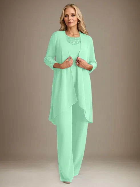 Chiffon Scoop Long Sleeves Mother Of The Bride Pantsuits With Jacket
