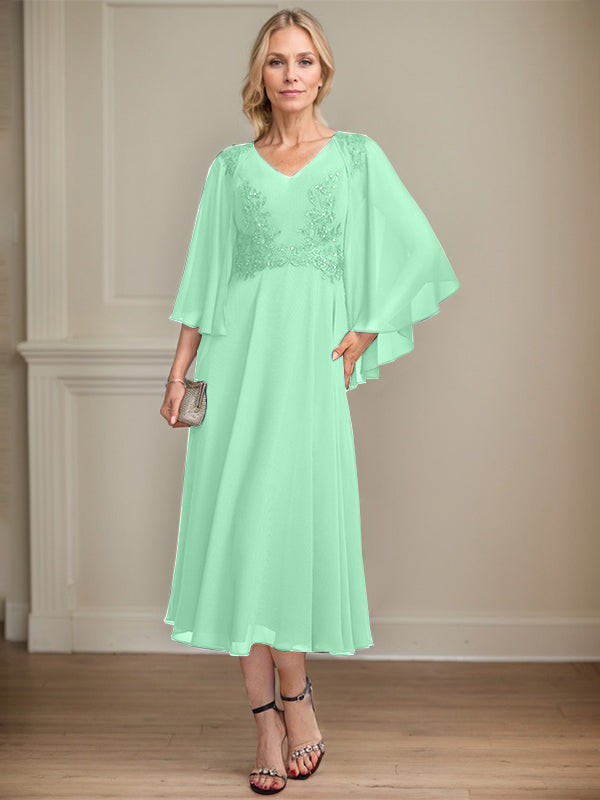 A-line V-Neck Tea-Length Chiffon Lace Mother of the Bride Dress With Beading Sequins