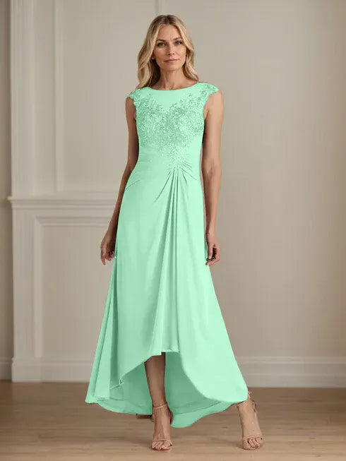 Champagne A-Line Scoop Lace Chiffon Dress