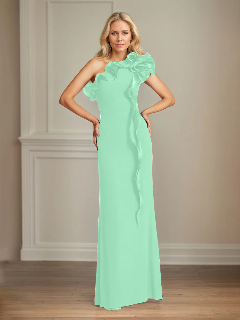 Column One Shoulder Floor Length Mother of the Bride Dresses With Ruffles