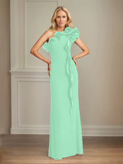 Navy Stretch Crepe Sheath/Column One Shoulder Floor Length Mother of the Bride Dresses With Ruffles