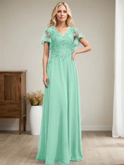 A-line V-Neck Floor-Length Lace Chiffon Mother of the Bride Dress With Sequins
