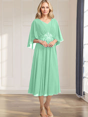 A-line V-Neck Tea-Length Chiffon Mother of the Bride Dress With Pleated Sequins Appliques Lace Beadind