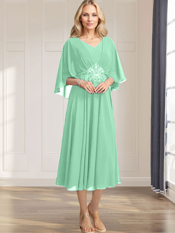 A-line V-Neck Tea-Length Chiffon Mother of the Bride Dress With Pleated Sequins Appliques Lace Beadind