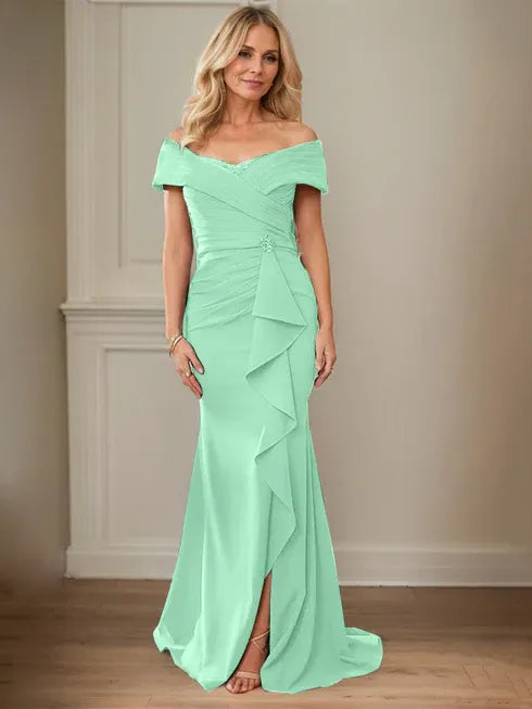 Column V-Neck Illusion Floor-Length Lace Chiffon Mother of the Bride Dress With Pleated Sequins
