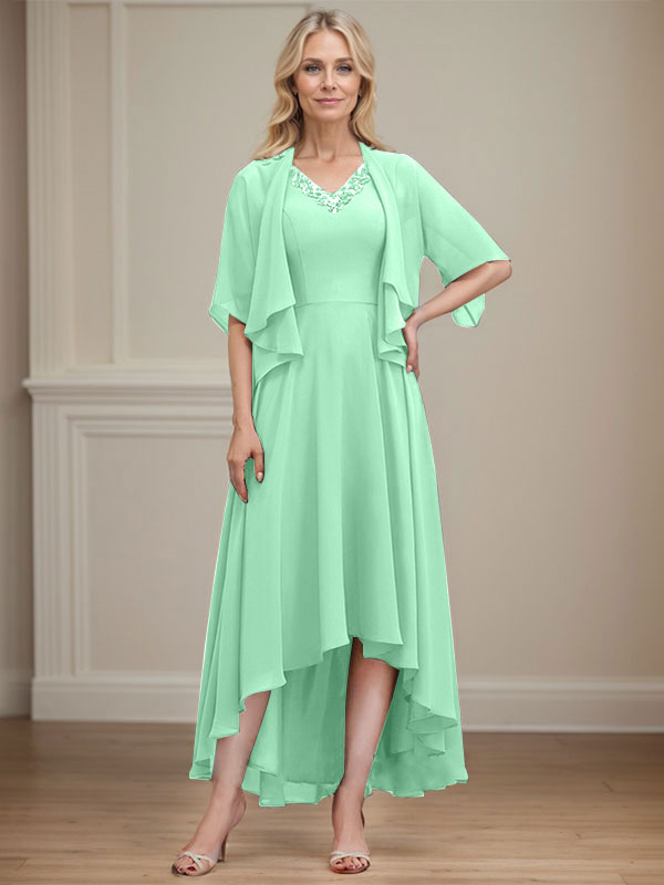 A-line V-Neck Asymmetrical Chiffon Mother of the Bride Dress With Beading Sequins