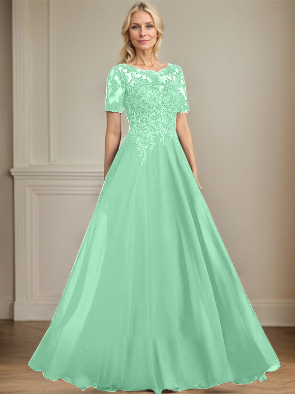 A-line Scoop Illusion Floor-Length Chiffon Lace Mother of the Bride Dress With Sequins Beading