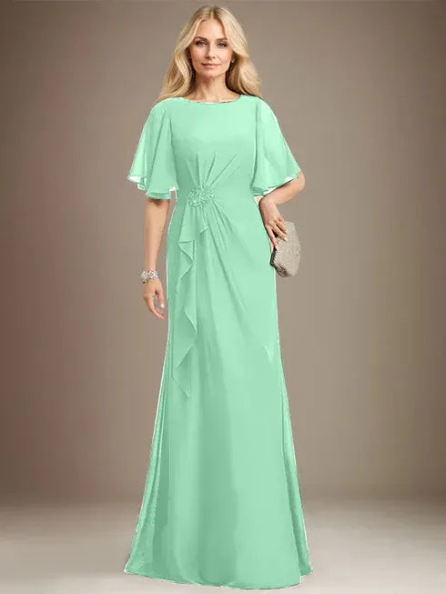 A-line Scoop Floor-Length Chiffon Mother of the Bride Dress With Cascading Ruffles Beading Sequins