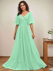 A-line V-Neck Floor-Length Chiffon Mother of the Bride Dress With Sequins Appliques Lace Pleated