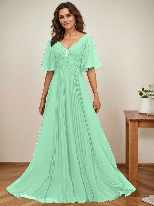 A-line V-Neck Floor-Length Chiffon Mother of the Bride Dress With Sequins Appliques Lace Pleated